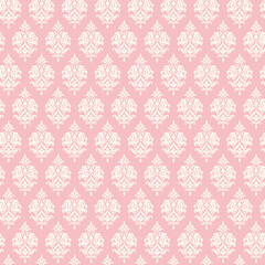 Fototapeta premium Elegant white damask seamless pattern on soft pink background. Romantic Victorian floral ornament wallpaper with delicate vintage motifs, for textiles, wrapping paper, invitations, packaging, decor.