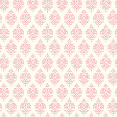 Fototapeta premium Elegant pink damask seamless pattern on white background. Classic Victorian floral ornament wallpaper with delicate vintage motifs, ideal for textiles, wrapping paper, invitations, packaging and decor