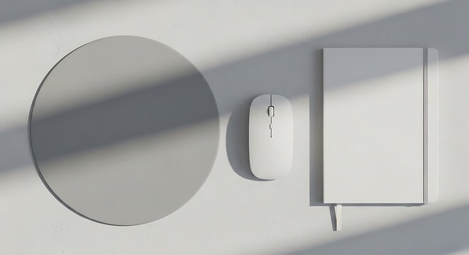 A top-down view of a minimalist desk setup featuring a circular mouse pad alongside a modern computer mouse and a sleek notebook under soft light