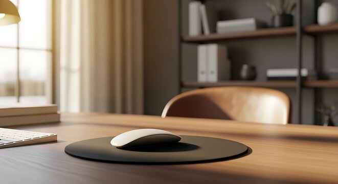 Minimalist home office setup featuring a sleek circle mouse pad with a modern computer mouse on a polished wooden desk in a warm sunlit workspace