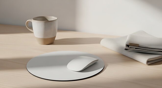 Minimalist home office workspace setup with a white circle mouse pad, wireless computer mouse, ceramic mug, and folded linen cloth on a wooden desk.