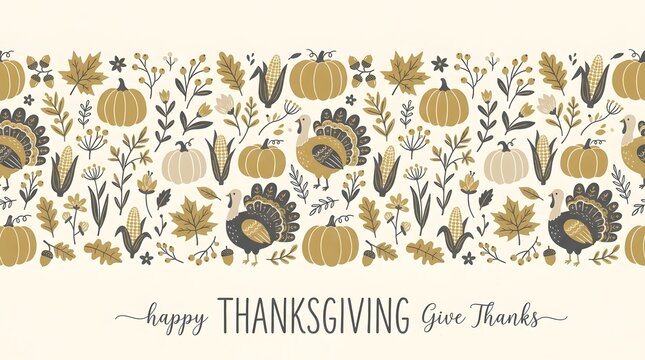 Autumn thanksgiving seamless border with pumpkins turkeys and corn