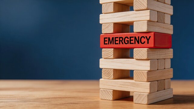 Red wooden block with emergency text inside unstable jenga tower, symbolizing crisis management, business risk, financial instability and urgent problem solving strategies