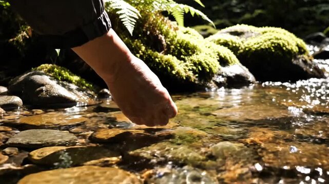 Hand touching clear water in a sunny forest stream