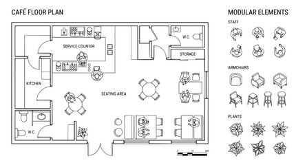Café floor plan vector with modular elements, restaurant interior layout blueprint, architectural top view of coffee shop seating and kitchen area © Pixel Verse Studio