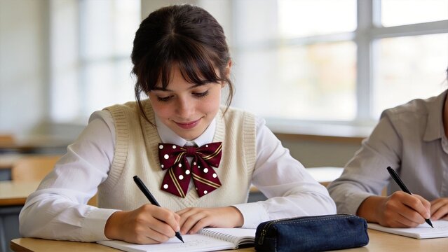 Female student writing in notebook at school desk, education concept, classroom learning, homework assignment, focused expression, uniform with bow tie, academic excellence