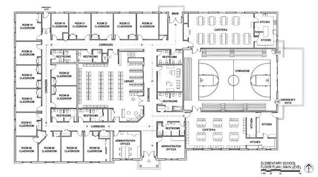 Elementary school floor plan vector, architectural blueprint of educational building with classrooms and gymnasium, school layout design
