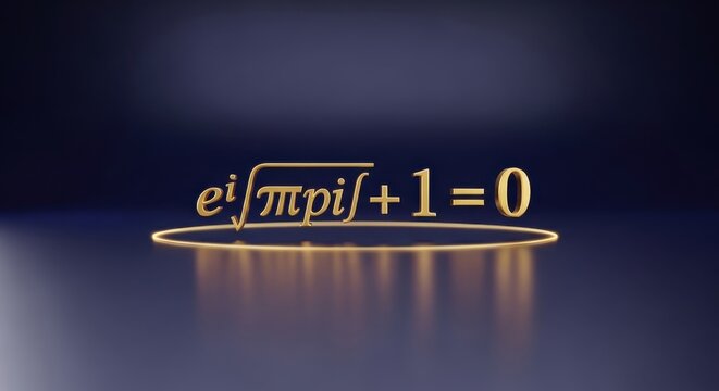 A mathematical equation e^i&pi;+1=0 glows brightly on a reflective surface in a dark room.