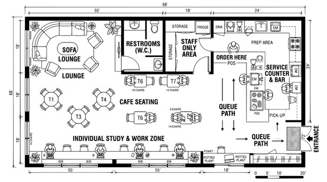 Architectural cafe floor plan vector, restaurant interior layout with seating and service counter, professional coffee shop blueprint design