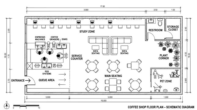 Architectural coffee shop floor plan, schematic diagram of a cafe interior layout, professional restaurant blueprint with seating and service areas