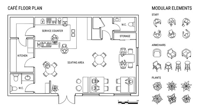 Caf&eacute; floor plan vector with modular elements, restaurant interior layout blueprint, architectural top view of coffee shop seating and kitchen area