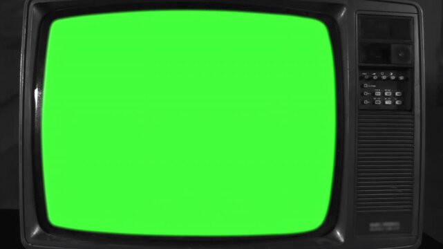 Old Television Set with Green Screen Dynamic Zoom In Close Up - 4K