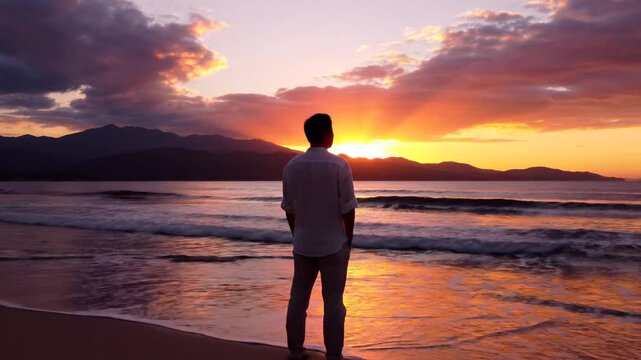 Man standing on beach watching stunning ocean sunset