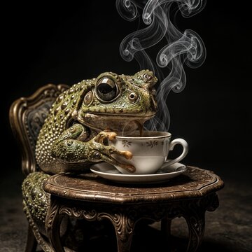 1


Share

A bewildered frog sits at a tiny, ornate table, desperately trying to sip from an overflowing, steaming coffee cup