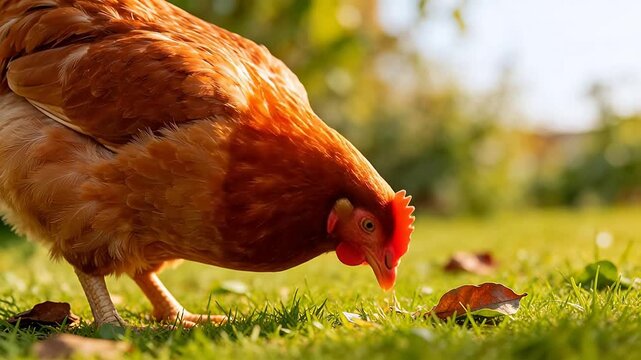 Brown chicken foraging on grass