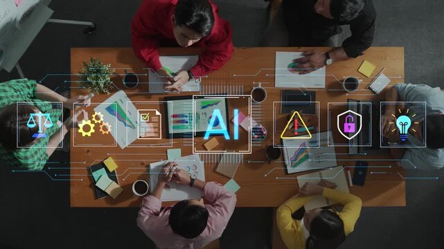 Group of Professionals Collaborating with Technology Icons Representing Innovation, AI, Security, and Data Analysis in a Modern Workspace. Entropy.