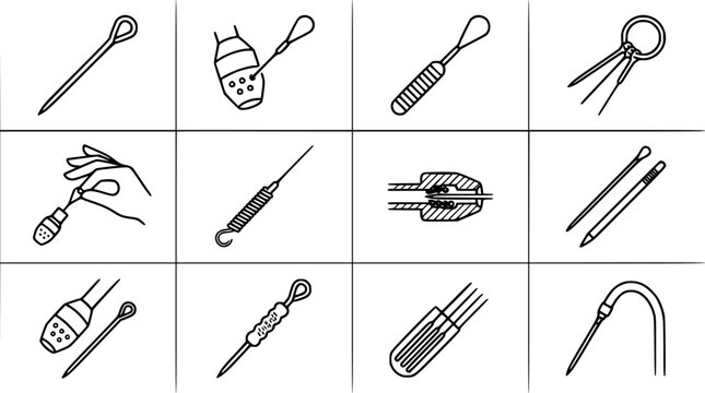 Black and White Line Art Icons of Tattoo Needles and Tattoo Machine Parts