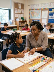 Fototapeta premium Black female teacher patiently instructs a young Black girl on math problems in a bright elementary school classroom setting