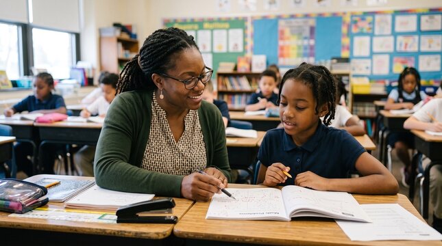 Black female teacher patiently guides a young student through math problems in a bright classroom setting