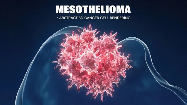 Abstract 3D Medical Render of Malignant Mesothelioma Tumor Cell Cluster, Spiky Pink Mesothelial Cancer Cells Floating With Transparent Ribbon Shapes on Dark Deep Blue Scientific Background, Asbestos-R