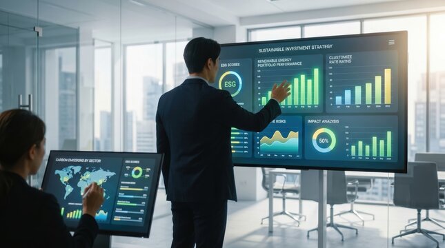 Corporate team analyzing ESG scores and sustainable investment strategy on large digital screen, financial portfolio performance charts, carbon emission data visualization for