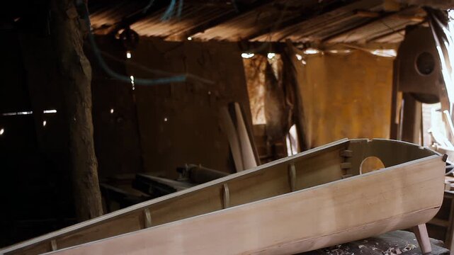 Wooden Soundbox of a Handcrafted Paraguayan Harp in a Rustic Workshop - 4K