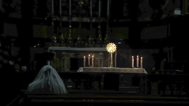 Devout Woman in White Veil Praying at Altar with Holy Monstrance and Candles - 4K
