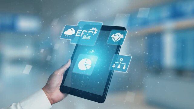 ERP icons show management, integration, and business process. ERP supports data management, ERP efficiency, and ERP organizational solutions. Gist