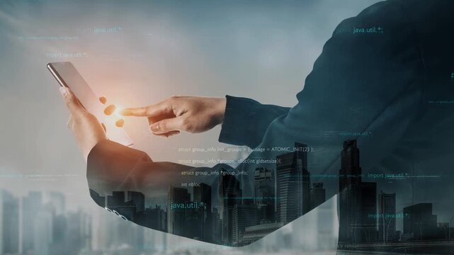 A business professional engages with a smartphone, accessing digital data and insights, set against a modern urban skyline symbolizing innovation and progress in technology. Xenic