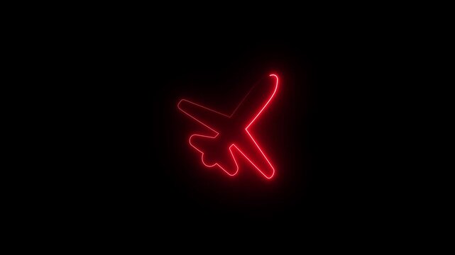 Flying airplane icon animation on Animation with a neon light effect of an icon, an airplane with a pin , air plane flight point, Airplane Running on Dash Track with black Background.4k..