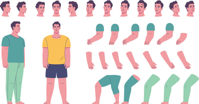 man character constructor vector animation set with body parts heads arms legs