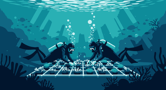 Two divers working together underwater on coral reef restoration project.
