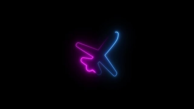 Flying airplane icon animation on Animation with a neon light effect of an icon, an airplane with a pin , air plane flight point, Airplane Running on Dash Track with black Background.4k..