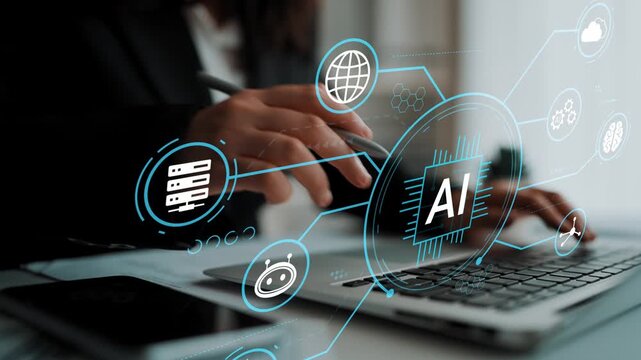 Business professional working on laptop with artificial intelligence interface and digital icons representing technology, data analysis, and innovation. Entropy.