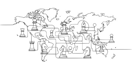 Obraz premium Global Chess Strategy: World Map with Chess Pieces Connected by Lines