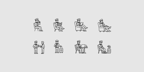 Icon set collection of professional airline pilots in various downtime scenarios including drinking coffee, reading, working, and waiting in lounges. © Raka Firdaus 