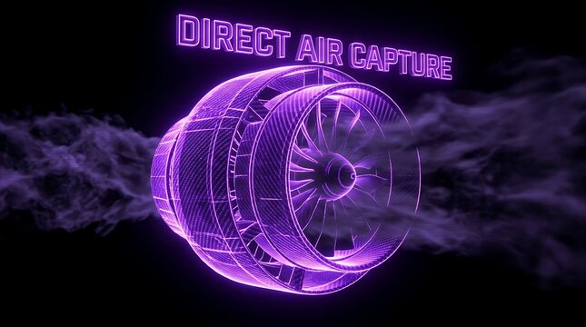 Futuristic neon purple direct air capture technology turbine concept with flowing gas.