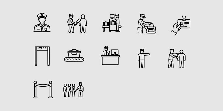 Icon set collection of airport security procedures including passenger screening, luggage scanning, identification verification, queue management, and security staff members.