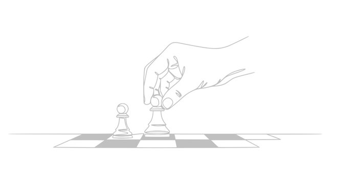 Hand moving chess pawn on board, strategic decision, abstract line art, minimalist design