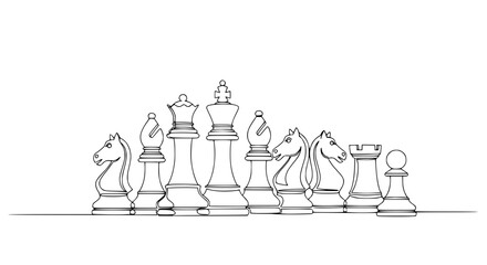 Continuous Line Drawing of Chess Pieces on White Background - Strategy Concept © Fafa