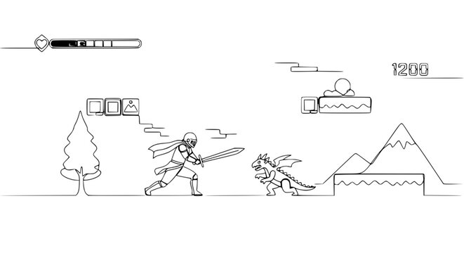 Knight fighting dragon in retro video game, pixel art style, adventure and fantasy