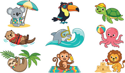 Naklejka premium Cute Kawaii Summer Animals Vector Icon Set Featuring Koala, Toucan, Turtle, Otter, Dolphin, Octopus, Sloth, Monkey, and Lion Enjoying Beach Vacation Designs