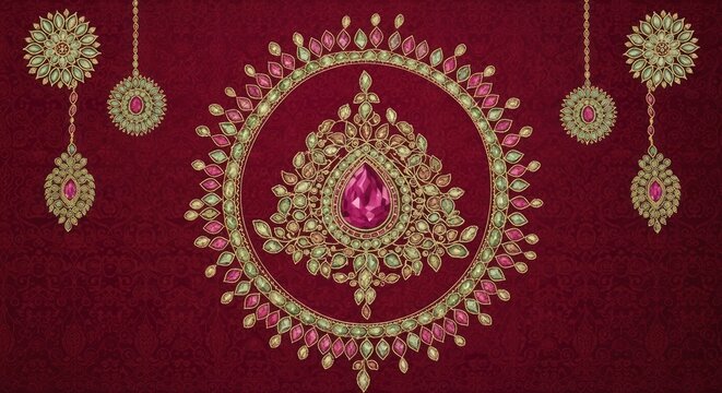 Exquisite Indian Kundan Polki Necklace with Pink Gemstone on Red Velvet.