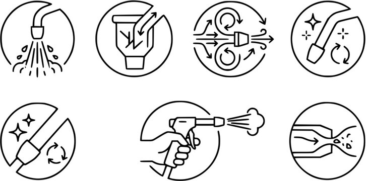 Set of black and white line art icons for pressure washing, cleaning, and spray nozzles