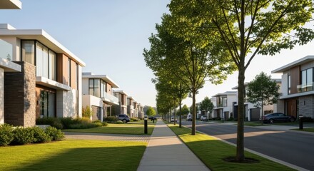 Obraz premium A suburban street scene with modern homes and trees lining the sidewalk on a sunny day