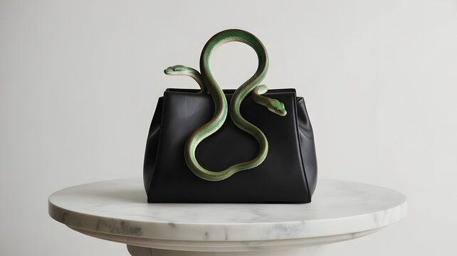 A green snake wrapped around a black leather handbag on a marble table indoors