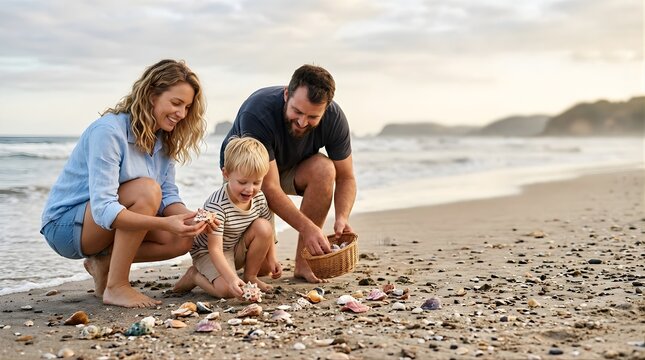 Happy family collecting seashells on the sandy beach during sunset