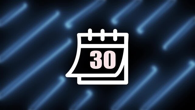 Glowing white calendar icon vector showing day 30 on a dark background with blue neon lines for event countdown and deadline reminder template