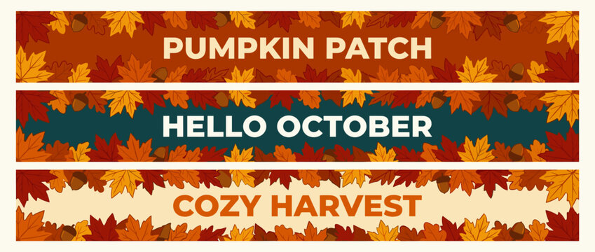 Autumnal Foliage Banners with Seasonal Text for Fall Holiday Decorations and Festivities