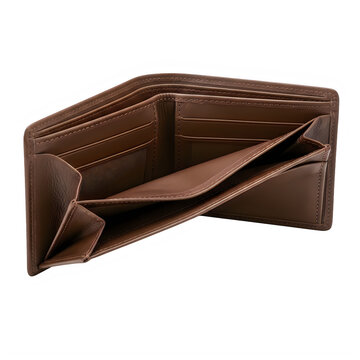 Brown leather wallet open showing empty interior